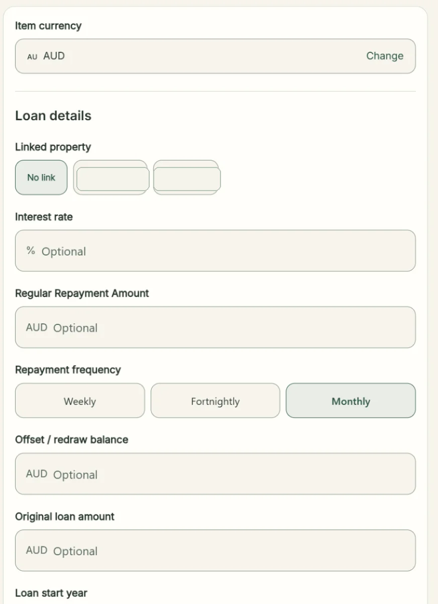 Expanded Mortgage Loan details with Linked property, Interest rate, repayment fields, Offset / redraw balance and original loan fields; property choices anonymised
