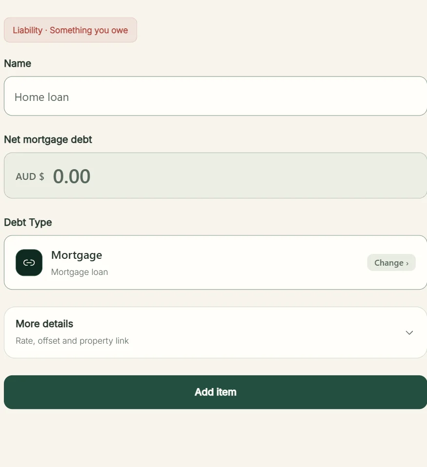 Main Mortgage form with Name, Net mortgage debt, Debt Type and More details