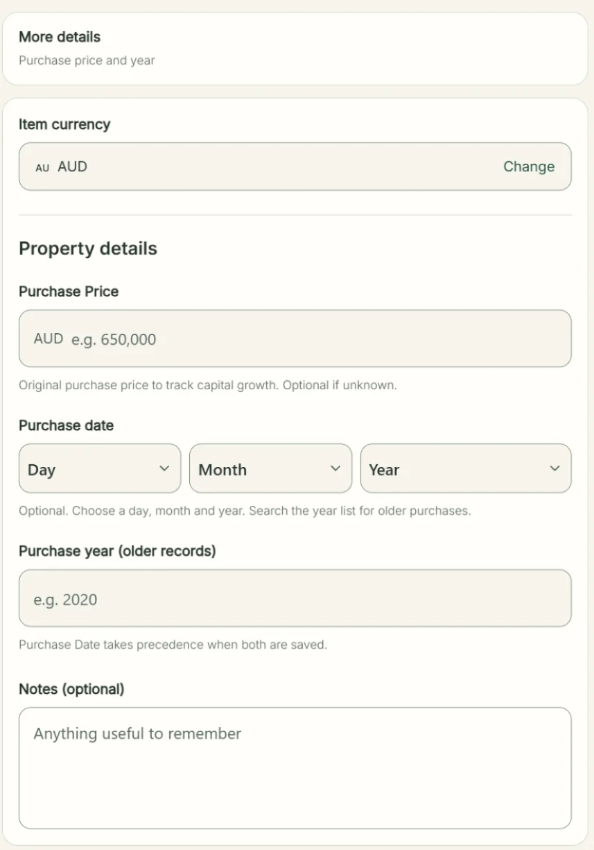 Expanded Property More details showing purchase price, purchase date, older purchase year and notes