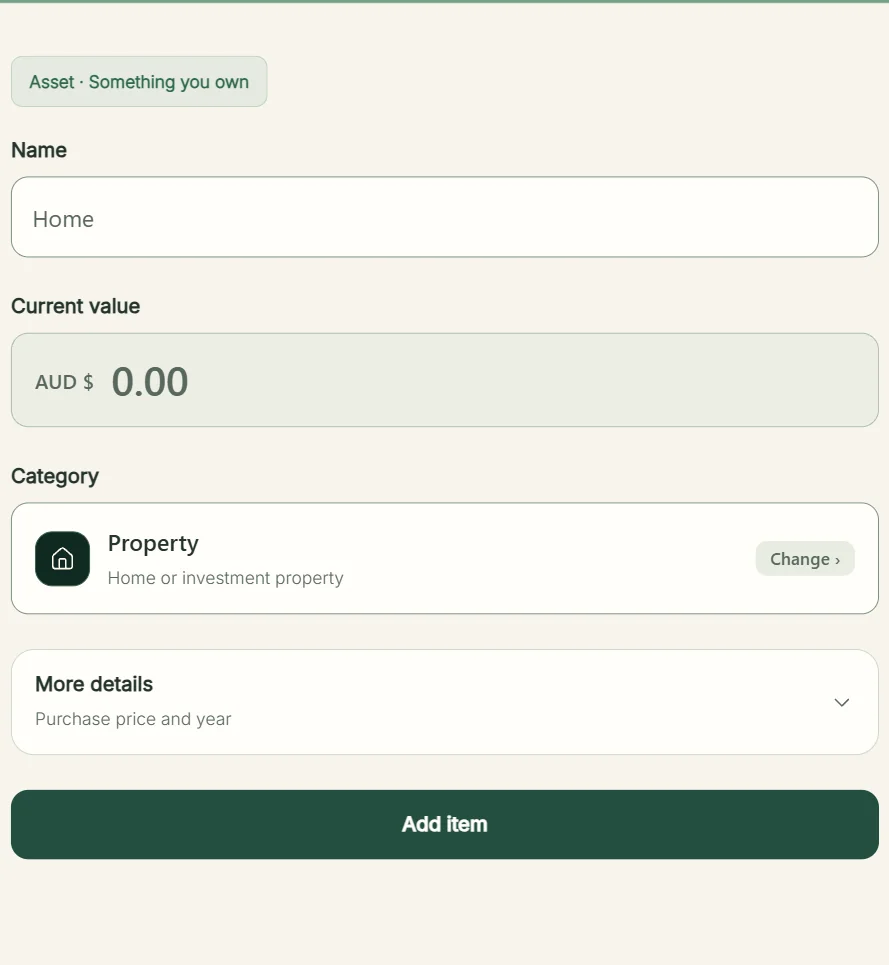 NetWorth Property Add asset form showing Name, Current value, Category and More details