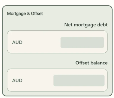 Privacy-redacted Mortgage and Offset fields showing Net mortgage debt and Offset balance