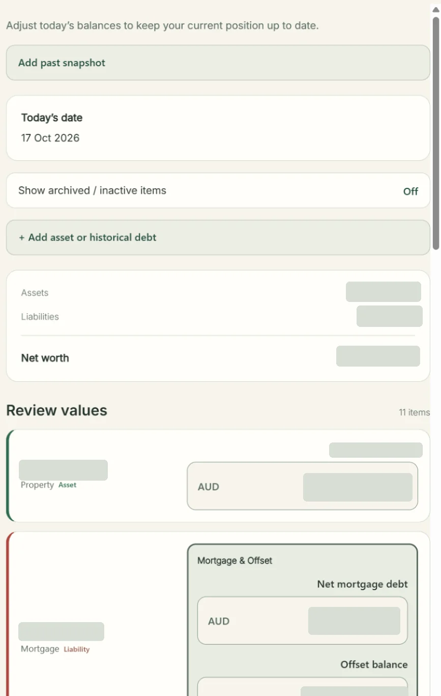 Privacy-redacted Update values Snapshot screen showing date, totals, and Review values with Mortgage and Offset entry