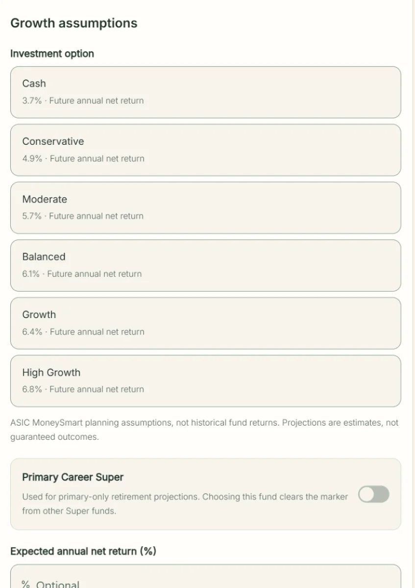 Super investment option choices: Cash, Conservative, Moderate, Balanced, Growth, High Growth
